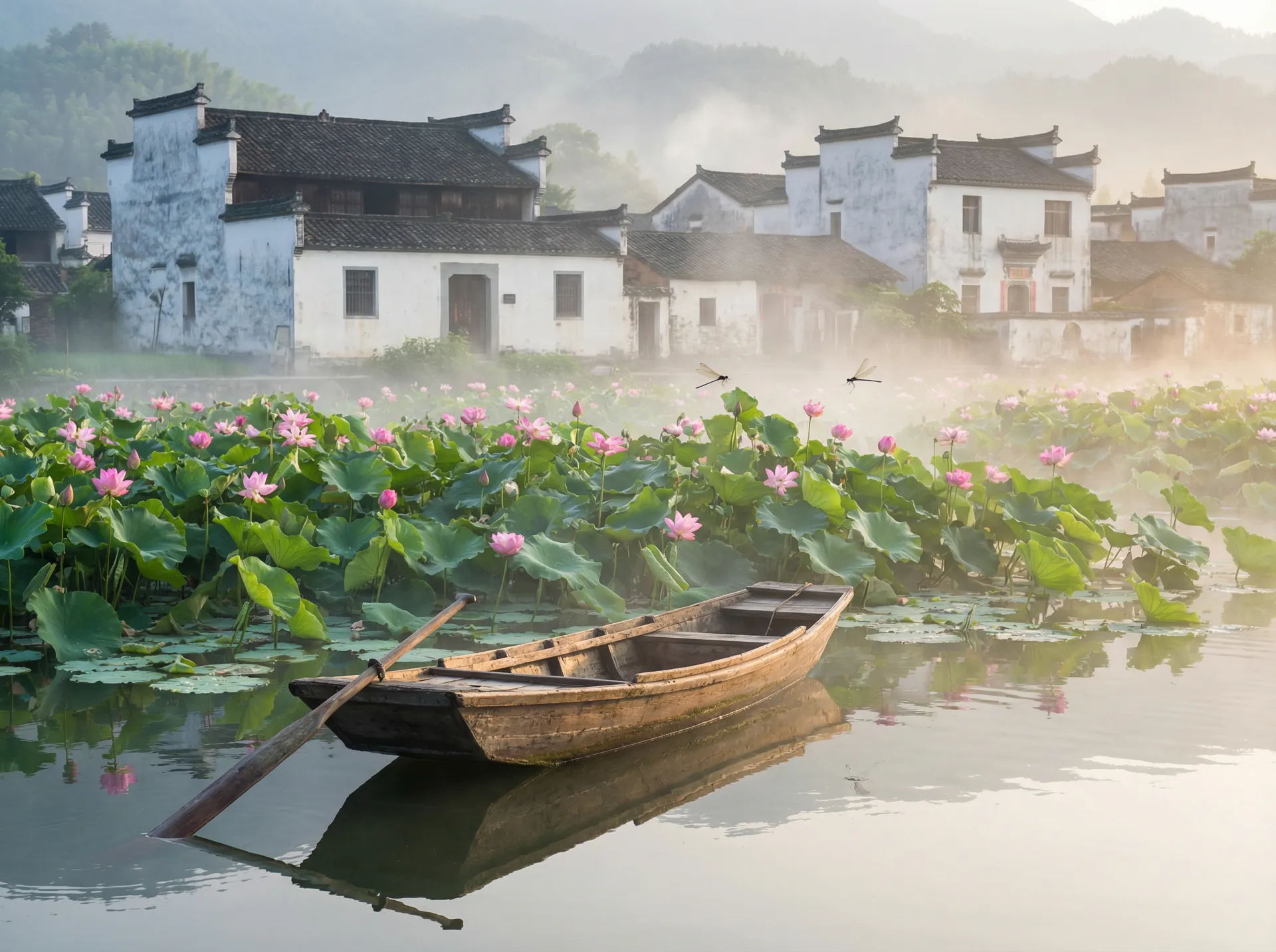 清晨荷塘小舟，粉色荷花盛开，白墙黑瓦的村庄 - 国内偷拍 水乡风情